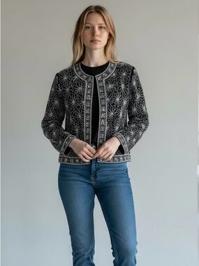 Scala Silk Evening Jacket Trophy Top Beaded and Sequined Silver VTG 80’s